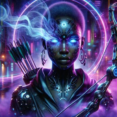 The primary subject of the image is a woman with a futuristic appearance, wearing a black outfit and holding a bow and arrow. She has a unique look, possibly inspired by anime or other futuristic themes. The setting is a futuristic city, with a purple background and a pink sky. The visual style is digital art, with the woman's features and outfit being digitally rendered. The colors and mood of the image are vibrant and energetic, with the purple
